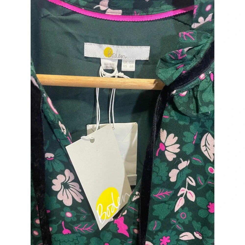 Boden Midi Dress Women 6R Green Pink Floral Polka Dot Mixed Print Boho Romantic - Picture 4 of 5